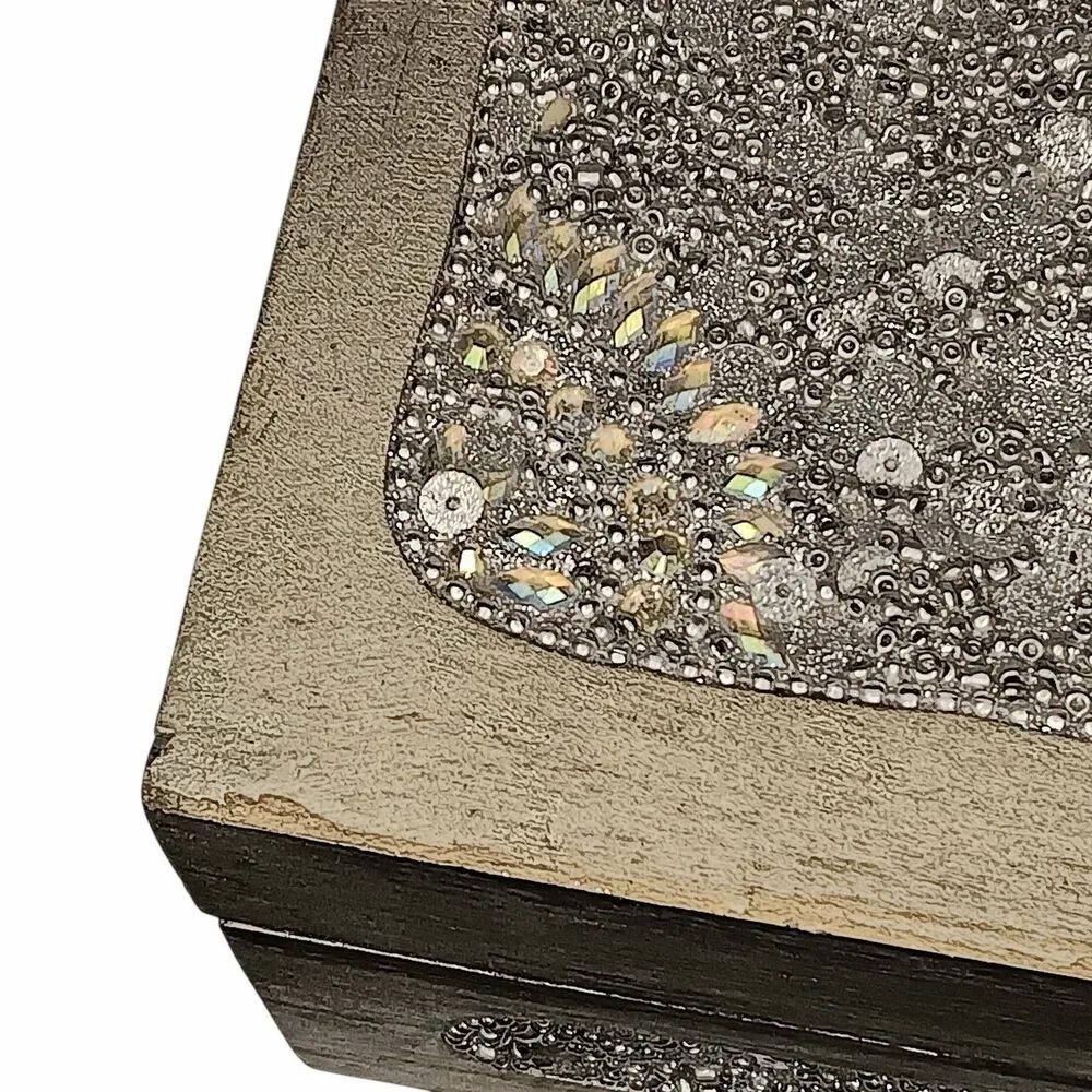 Sparkly Jewlery Box Silver With Sequins & Rhinestones Lightweight Wood 7 x 5 x 3